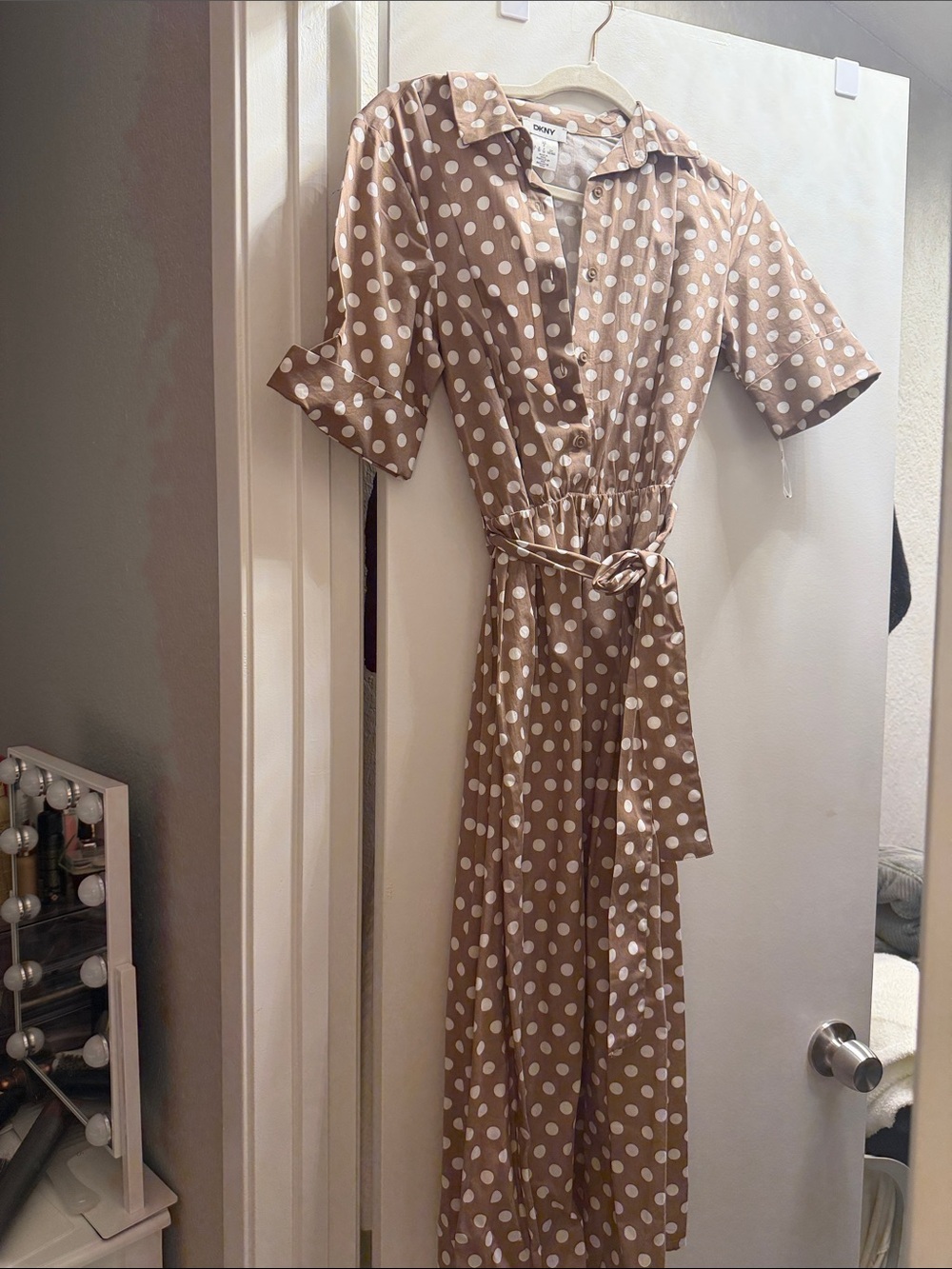 Polka Dot Shirt Dress with Waist Tie - Beige/White DKNY NWT